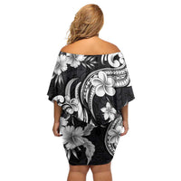 Hawaiian-Polynesian Art Tattoo Family Matching Off Shoulder Short Dress and Hawaiian Shirt Hibiscus and Plumeria Grayscale