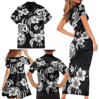 Hawaiian-Polynesian Art Tattoo Family Matching Short Sleeve Bodycon Dress and Hawaiian Shirt Hibiscus and Plumeria Grayscale