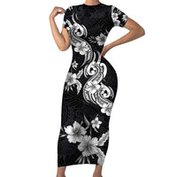 Hawaiian-Polynesian Art Tattoo Family Matching Short Sleeve Bodycon Dress and Hawaiian Shirt Hibiscus and Plumeria Grayscale