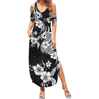 Hawaiian-Polynesian Art Tattoo Family Matching Summer Maxi Dress and Hawaiian Shirt Hibiscus and Plumeria Grayscale