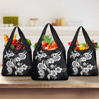 Hawaiian-Polynesian Art Tattoo Grocery Bag Hibiscus and Plumeria Grayscale
