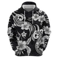 Hawaiian-Polynesian Art Tattoo Hoodie Hibiscus and Plumeria Grayscale