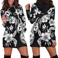 Hawaiian-Polynesian Art Tattoo Hoodie Dress Hibiscus and Plumeria Grayscale