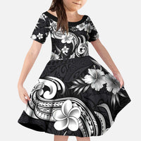 Hawaiian-Polynesian Art Tattoo Kid Short Sleeve Dress Hibiscus and Plumeria Grayscale