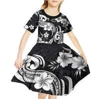 Hawaiian-Polynesian Art Tattoo Kid Short Sleeve Dress Hibiscus and Plumeria Grayscale
