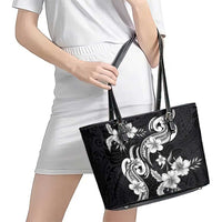 Hawaiian-Polynesian Art Tattoo Leather Tote Bag Hibiscus and Plumeria Grayscale