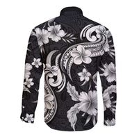Hawaiian-Polynesian Art Tattoo Long Sleeve Button Shirt Hibiscus and Plumeria Grayscale