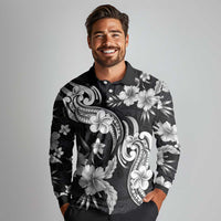 Hawaiian-Polynesian Art Tattoo Long Sleeve Polo Shirt Hibiscus and Plumeria Grayscale