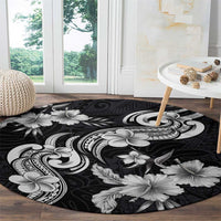 Hawaiian-Polynesian Art Tattoo Round Carpet Hibiscus and Plumeria Grayscale