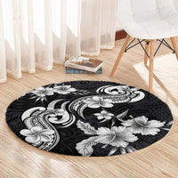 Hawaiian-Polynesian Art Tattoo Round Carpet Hibiscus and Plumeria Grayscale