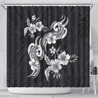 Hawaiian-Polynesian Art Tattoo Shower Curtain Hibiscus and Plumeria Grayscale