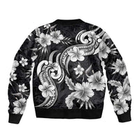 Hawaiian-Polynesian Art Tattoo Sleeve Zip Bomber Jacket Hibiscus and Plumeria Grayscale