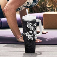 Hawaiian-Polynesian Art Tattoo Tumbler With Handle Hibiscus and Plumeria Grayscale