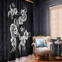 Hawaiian-Polynesian Art Tattoo Window Curtain Hibiscus and Plumeria Grayscale