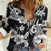 Hawaiian-Polynesian Art Tattoo Women Casual Shirt Hibiscus and Plumeria Grayscale
