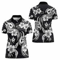 Hawaiian-Polynesian Art Tattoo Women Polo Shirt Hibiscus and Plumeria Grayscale
