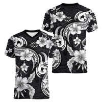 Hawaiian-Polynesian Art Tattoo Women V-Neck T-Shirt Hibiscus and Plumeria Grayscale