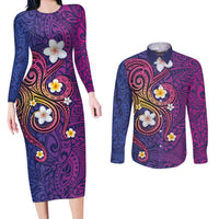 Hawaiian Octopus Tattoo and Frangipani Couples Matching Long Sleeve Bodycon Dress and Long Sleeve Button Shirt LT03 Purple - Polynesian Pride