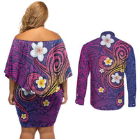 Hawaiian Octopus Tattoo and Frangipani Couples Matching Off Shoulder Short Dress and Long Sleeve Button Shirt LT03 - Polynesian Pride