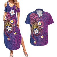 Hawaiian Octopus Tattoo and Frangipani Couples Matching Summer Maxi Dress and Hawaiian Shirt LT03 Purple - Polynesian Pride
