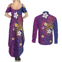 Hawaiian Octopus Tattoo and Frangipani Couples Matching Summer Maxi Dress and Long Sleeve Button Shirt LT03 - Polynesian Pride