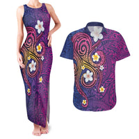 Hawaiian Octopus Tattoo and Frangipani Couples Matching Tank Maxi Dress and Hawaiian Shirt LT03 Purple - Polynesian Pride