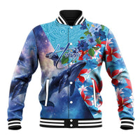 Hawaii Aloha Whales Baseball Jacket Hibiscus and Whales with Polynesian Pattern LT03 Unisex Blue - Polynesian Pride