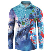 Hawaii Aloha Whales Button Sweatshirt Hibiscus and Whales with Polynesian Pattern LT03 Blue - Polynesian Pride