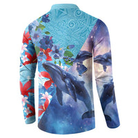 Hawaii Aloha Whales Button Sweatshirt Hibiscus and Whales with Polynesian Pattern LT03 - Polynesian Pride