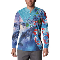 Hawaii Aloha Whales Button Sweatshirt Hibiscus and Whales with Polynesian Pattern LT03 - Polynesian Pride