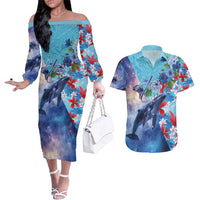 Hawaii Aloha Whales Couples Matching Off The Shoulder Long Sleeve Dress and Hawaiian Shirt Hibiscus and Whales with Polynesian Pattern LT03 Blue - Polynesian Pride