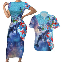 Hawaii Aloha Whales Couples Matching Short Sleeve Bodycon Dress and Hawaiian Shirt Hibiscus and Whales with Polynesian Pattern LT03 Blue - Polynesian Pride