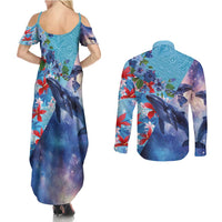 Hawaii Aloha Whales Couples Matching Summer Maxi Dress and Long Sleeve Button Shirt Hibiscus and Whales with Polynesian Pattern LT03 - Polynesian Pride