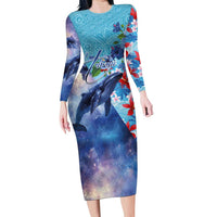 Hawaii Aloha Whales Family Matching Long Sleeve Bodycon Dress and Hawaiian Shirt Hibiscus and Whales with Polynesian Pattern LT03 Mom's Dress Blue - Polynesian Pride