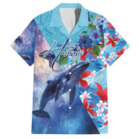 Hawaii Aloha Whales Family Matching Off The Shoulder Long Sleeve Dress and Hawaiian Shirt Hibiscus and Whales with Polynesian Pattern LT03 Dad's Shirt - Short Sleeve Blue - Polynesian Pride
