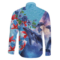 Hawaii Aloha Whales Family Matching Off The Shoulder Long Sleeve Dress and Hawaiian Shirt Hibiscus and Whales with Polynesian Pattern LT03 - Polynesian Pride