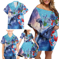 Hawaii Aloha Whales Family Matching Off Shoulder Short Dress and Hawaiian Shirt Hibiscus and Whales with Polynesian Pattern LT03 - Polynesian Pride