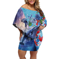 Hawaii Aloha Whales Family Matching Off Shoulder Short Dress and Hawaiian Shirt Hibiscus and Whales with Polynesian Pattern LT03 Mom's Dress Blue - Polynesian Pride