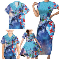 Hawaii Aloha Whales Family Matching Short Sleeve Bodycon Dress and Hawaiian Shirt Hibiscus and Whales with Polynesian Pattern LT03 - Polynesian Pride