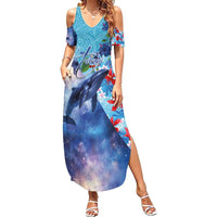 Hawaii Aloha Whales Family Matching Summer Maxi Dress and Hawaiian Shirt Hibiscus and Whales with Polynesian Pattern LT03 Mom's Dress Blue - Polynesian Pride