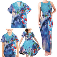 Hawaii Aloha Whales Family Matching Tank Maxi Dress and Hawaiian Shirt Hibiscus and Whales with Polynesian Pattern LT03 - Polynesian Pride