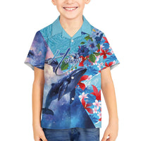 Hawaii Aloha Whales Family Matching Tank Maxi Dress and Hawaiian Shirt Hibiscus and Whales with Polynesian Pattern LT03 Son's Shirt Blue - Polynesian Pride