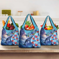 Hawaii Aloha Whales Grocery Bag Hibiscus and Whales with Polynesian Pattern LT03 3-pack One Size Blue - Polynesian Pride