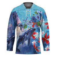 Hawaii Aloha Whales Hockey Jersey Hibiscus and Whales with Polynesian Pattern LT03 Unisex Blue - Polynesian Pride