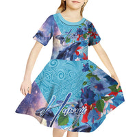 Hawaii Aloha Whales Kid Short Sleeve Dress Hibiscus and Whales with Polynesian Pattern LT03 - Polynesian Pride