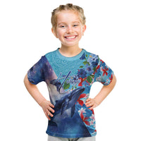 Hawaii Aloha Whales Kid T Shirt Hibiscus and Whales with Polynesian Pattern LT03 Blue - Polynesian Pride