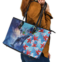 Hawaii Aloha Whales Leather Tote Bag Hibiscus and Whales with Polynesian Pattern - Polynesian Pride