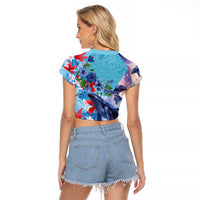 Hawaii Aloha Whales Raglan Cropped T Shirt Hibiscus and Whales with Polynesian Pattern - Polynesian Pride