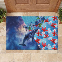 Hawaii Aloha Whales Rubber Doormat Hibiscus and Whales with Polynesian Pattern LT03 Blue - Polynesian Pride