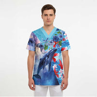 Hawaii Aloha Whales Scrub Top Hibiscus and Whales with Polynesian Pattern - Polynesian Pride